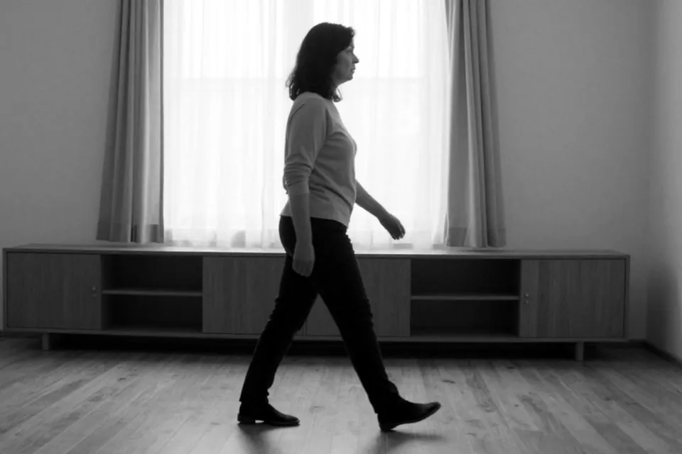 A middle-aged woman walking across a living room, seen from the side, in black and white