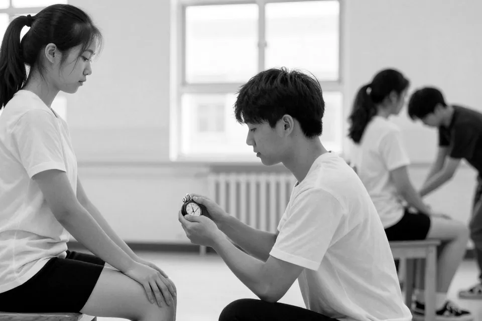 In a skills lab, a student kneels with a stopwatch beside a classmate seated on a chair, with other students practicing in pairs behind them, in black and white